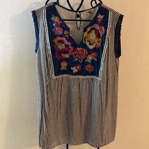 Embroidered dress with grey and white stripes